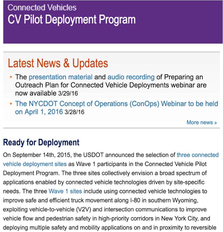 Recommendations for Government Agencies Track progress of CV Pilot deployments US DOT website: http://www.its.dot.