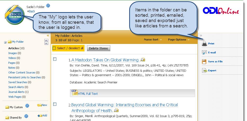 My EBSCOhost folder To view My EbscoHost folder, after