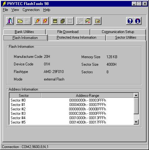 Getting Started Flash Information 1 shows Flash type, sector and address ranges in Flash memory: Communication Setup allows selection of the serial port and speed before the communication is