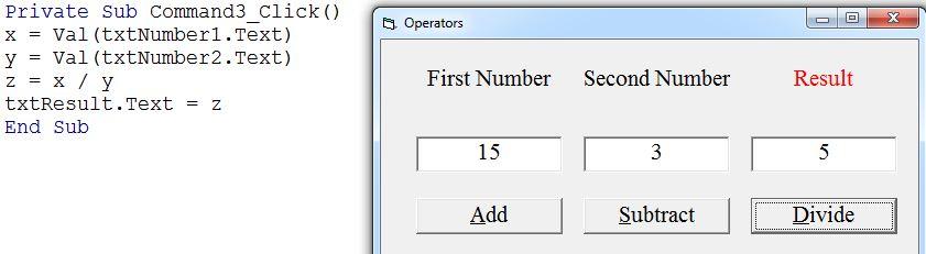 text = z 2- Subtract Double click on the Subtract Command Button.  Val (txtnumber1.