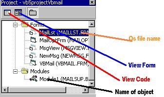 In this example the project has been loaded and the maillist.frm has been selected for viewing. This Ms Mail example project useds 6 forms and 1 modules.
