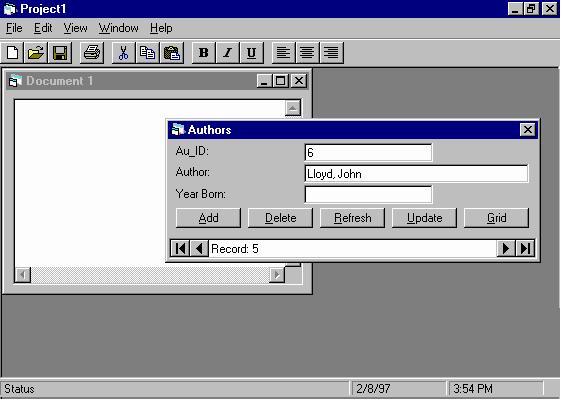 The wizard created the form that updates the Authors table. From the View menu, choose Titles to open the Titles dialog box.