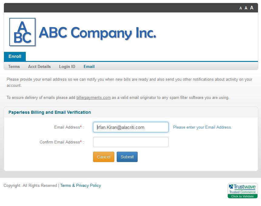 Verify Email and Paperless Billing Next the customer will be asked to enter or verify the email address.