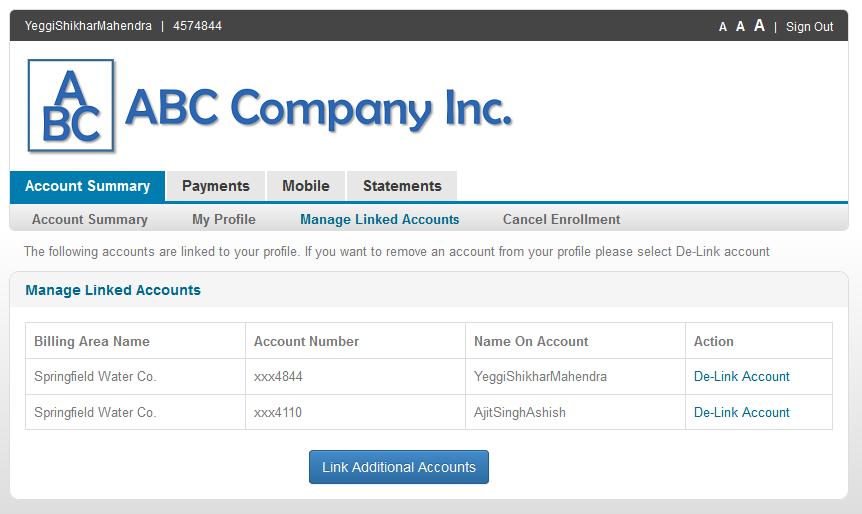 Manage Linked Accounts This sub-navigation option only appears if you have enabled the Multi-Account Profile option. Details of the account(s) linked to the customer s profile are displayed.