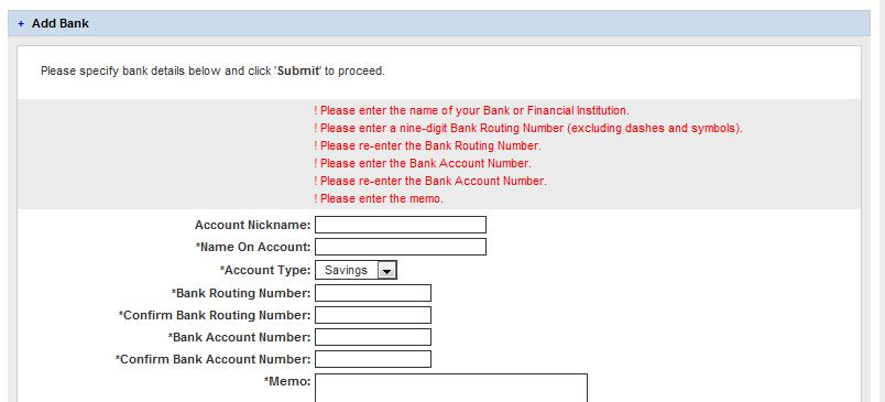 Once you have entered the data you can select the Submit button to send the details to E-Bill & Collect for validation.