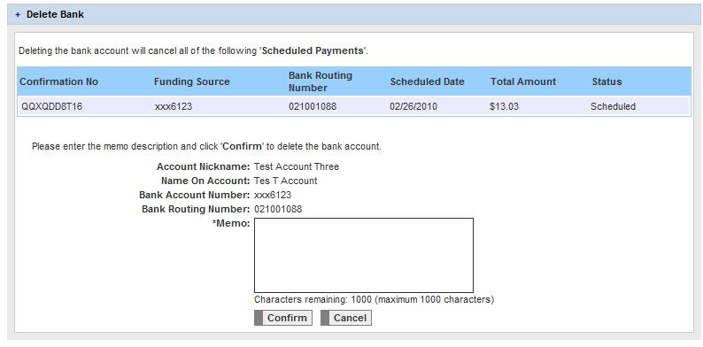 If the details are correct, you can select the Confirm button to confirm the edit of the bank account. E-Bill & Collect then processes the request, and presents the following page.