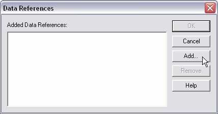 6. The Data References window will appear. Click the Add button. 7. Another window will appear called Data Reference. In the Data Category field, select Column Headings from the drop down menu.