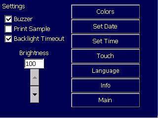 Settings Colors screen colors are user selectable for background, buttons and text Set Date date should be entered as MM/DD/YYYY using a popup keypad (not shown) and selecting the MM/DD/YYYY or