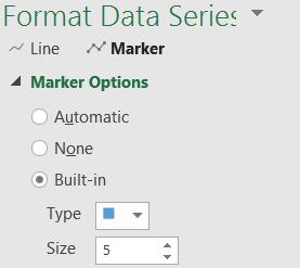Double click on the data series 8. Click the Fill and Line icon 9. Click Marker 10. Expand Marker Options 11. Select Built-in: a. Select a type b.