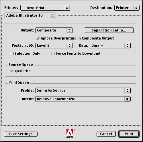 the Mac OS version of Illustrator, specify appropriate print options. Choose the Color Server device from the Printer menu.