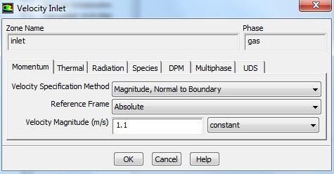 i. Enter 1.1 m/s for Velocity Magnitude. ii. Retain the other default settings. iii. Click OK to close the Velocity Inlet dialog box. (b) Select solids from the Phase drop-down list and click Edit... i. Ensure that Granular Temperature is 0.