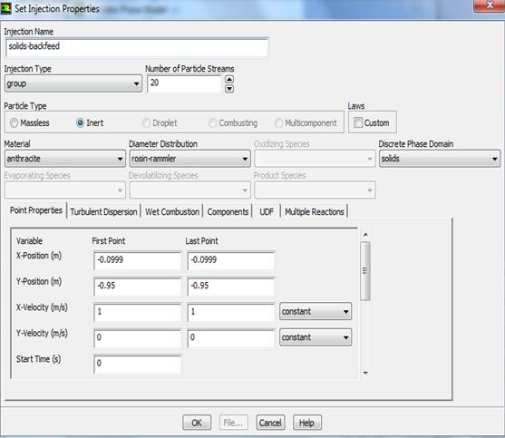Step 4: Injections Set the injection, solids-backfeed. Models Discrete Phase Edit... 1. Click on Injections... and click Create to open Set Injection Properties dialog box.