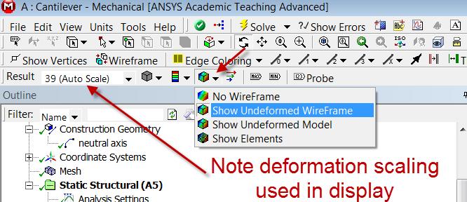 Step 6: Numerical Results Total Deformation First, examine the total deformation by clicking on the Total Deformation object in the tree. Turn on the Undeformed Wireframe as shown below.