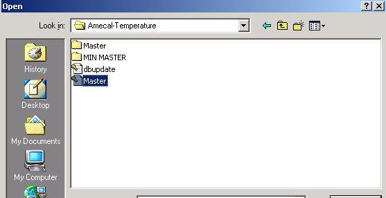 15.1 Selecting the Amecal-Temperature database Click on the Select button to find the Source database. A standard windows search dialog is displayed.