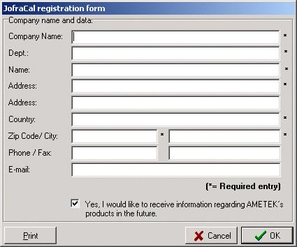 1.7.2 First time access to JofraCal When the software is started for the first time, you are required to fill out the registration form.