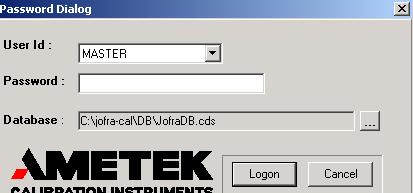 On start up, JofraCal begins by displaying the login dialog in which the operator must select a user and key in the password. User and access levels, these are described in section 2 page 23.