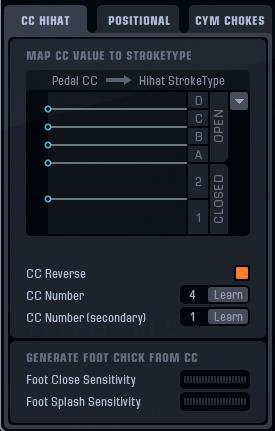 CC HiHat Tab Pedal CC Value Adjust the nodes on the left side of the PedalCC graph up or down to change the transition values for the different hi-hat stroketypes.