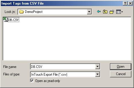 6 InTouch CSV file This setting specifies the name and path of the InTouch CSV file from which tags will be imported, and is used in conjunction with the Import from InTouch CSV file method.