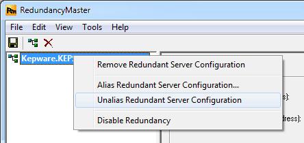 16 Unaliasing Redundancy To remove an alias from a redundant pair, right-click on the alias in the left pane of the main screen and then select Unalias Redundant Server Configuration.