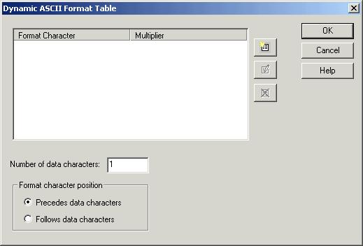 The Dynamic ASCII Format Table editor, shown below, includes a list of formats currently defined for the device.