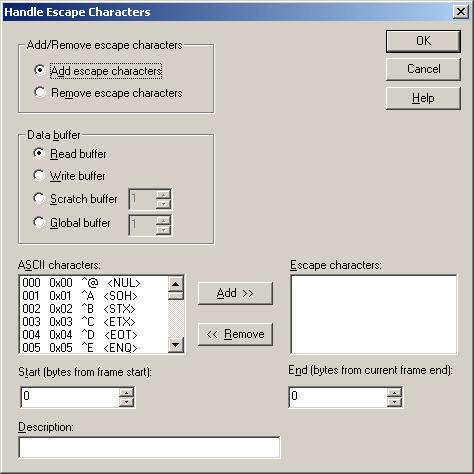 Add/Remove Escape Characters: Select Add escape characters to add escape characters as needed to the specified section of an outgoing frame.