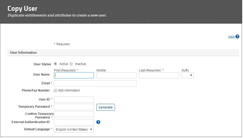 Figure 19 Copy User User Information To add a new user (copy from an existing profile): 1. Click the Administration tab. 2. Go to the Manage Users page. 3.