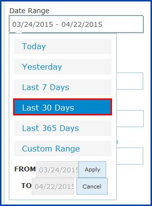 To define a date range, click inside the Date Range field to either select a pre-defined date range or a custom range using the calendar tool.