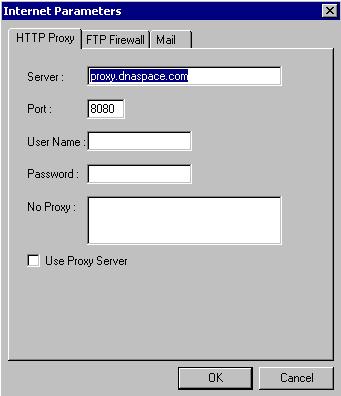 For details on editing HTTP Proxy settings, ask your network administrator. The Internet Parameters window also includes FTP Firewall and Mail settings, which are not supported in this version.