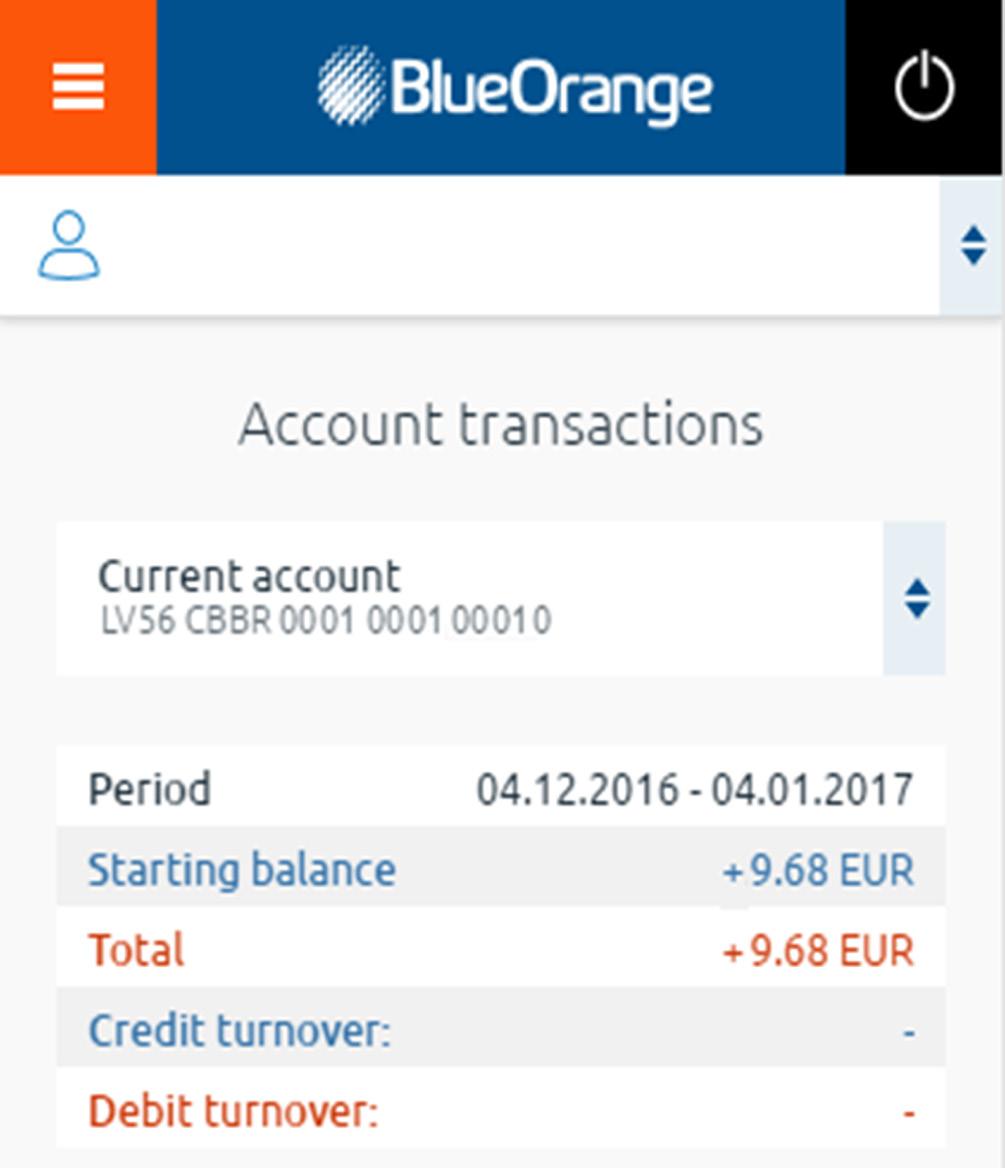 Tapping the Account transactions button will open the Account transactions screen, where an overview of the chosen account will be displayed for a specific reporting period.