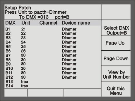 Press Patch in the Function section to enter Setup Patch menu; Press S2 [Patch Dimmer] to enter the menu; Use S2 to select [Select DMX Output = B], then the LCD screen will display the patching