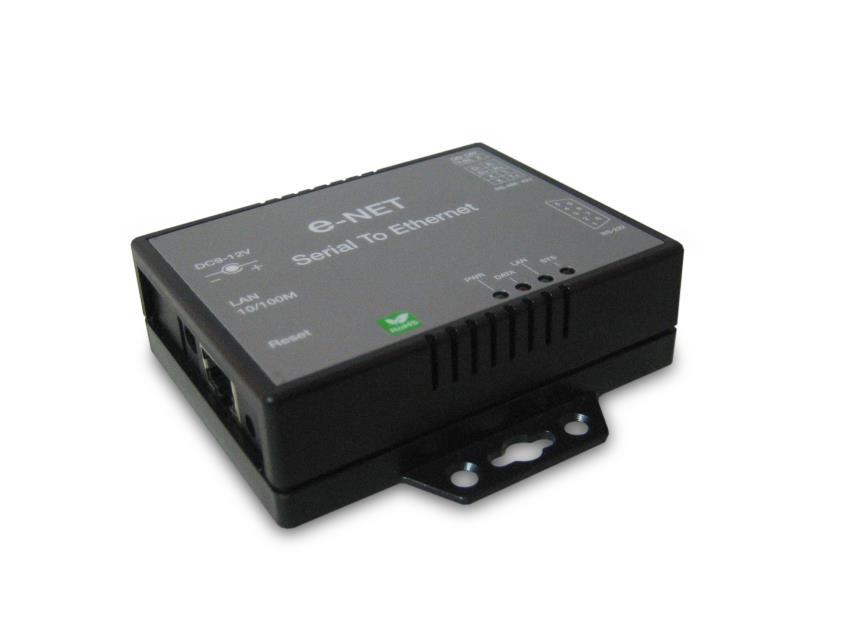 Left Side Power Supply The E-P132-100 TCP/IP converter powered by single 9~12V DC(Inner positive/outer negative) power supply and 500mA of current.