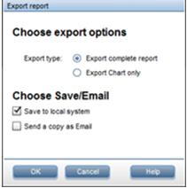 Export type: Select Export Complete Report for detailed report (default) Select Export Chart Only to save only charts Save or Email: Select Save