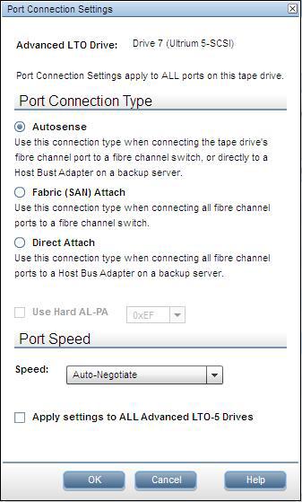 4. Set the Port Connection Type to one of the following: Autosense Use this connection type when connecting the tape drive's FC port to an FC switch or directly to a Host Bus Adapter (HBA) on a