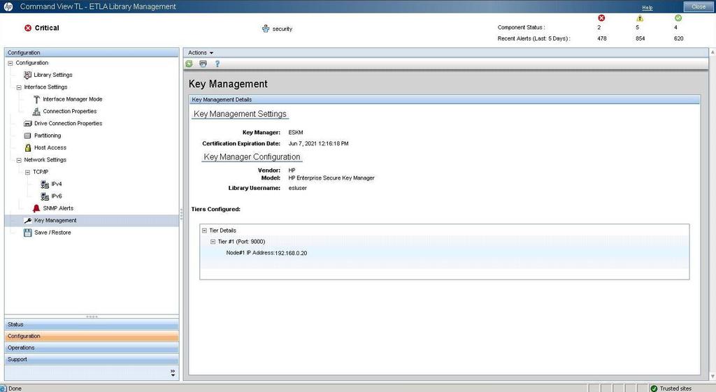 3. Double-click the library on which you want to change the key manager. 4. Click the Configuration tab. 5. In the left panel, select Key Management.