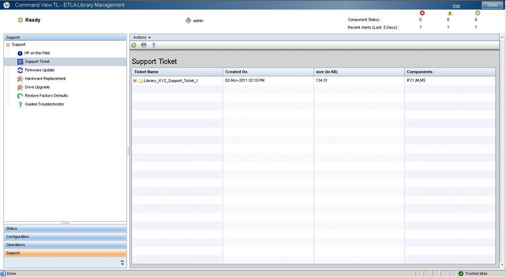 8. When the support ticket is complete, click Finish. The new support ticket appears in the right panel. Viewing a support ticket Support tickets appear in a separate window.