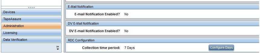 5. Make the changes as required, and then click OK. RDC Configuration The RDC Configuration panel of the Administration page allows you to configure the collection time period for SMI-S.