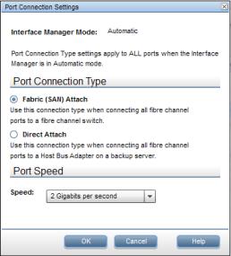 4. Set the Port Connection Type to one of the following: Fabric (SAN) Attach Use this connection type when connecting all FC host ports to an FC switch (default setting).