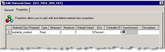 Select the Properties tab, and then click the New Property button. 7. In the Material Class Property box, type butterfat_content. 8. In the Minimum box, type 2. 9. In the Maximum box, type 7. 10.