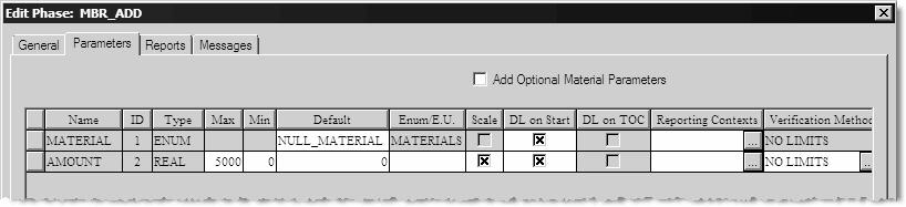 Chapter 4 Introducing material-enabled phases Adding material-enabled phase parameters Material Manager automatically adds two parameters to each material-enabled phase: MATERIAL and AMOUNT.