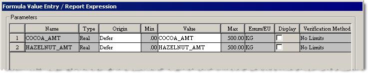 Select MCLS_CHOCOLATE_HAZELNUT_UP:1, click the Formula Values button, and then add formula values as shown in this diagram.