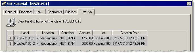 The Material Editor shows that 250 KG was consumed out of NUT_BIN3. Using manual phase control To update the inventory levels manually, select the lot, and then click the Edit Distribution button.