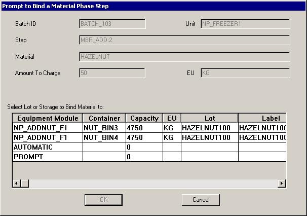Running material-based recipes Chapter 6 Binding a material-enabled phase manually You set up your system to pull hazelnuts from NUT_BIN3 before NUT_BIN4 by setting the container priorities.