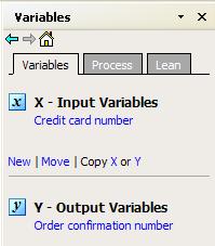 Chapter 3 Adding Variables to a Process Map Add a Y variable A successful transaction results in an order confirmation number (Y variable). 1 In the task pane under Y - Output Variables, click New.