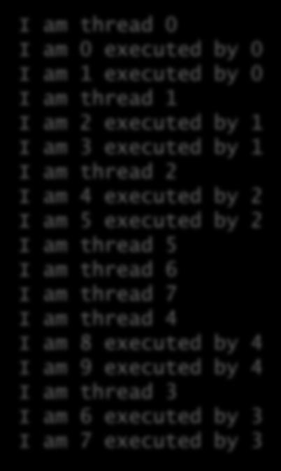 printf("i am %d executed by %d n", i, omp_get_thread_num()); I am thread 0 I am 0 executed by 0 I am 1 executed by 0 I am thread 1 I am 2 executed by 1 I am 3