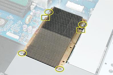 2. Using a Phillips screwdriver, remove the six screws that mount the heatsink and processor to the logic board. Replacement Note: There are two different types of processor mounting screws.