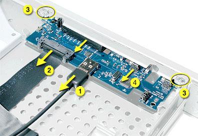 Procedure 1. Disconnect the FireWire cable from the front panel board. 2. Release the two locking levers on the front panel board cable connector and disconnect the cable from the front panel board.