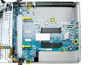 6. Using a Phillips screwdriver, release the thumbscrew that secures the logic board to the chassis (indicated by a triangle in the illustration below).