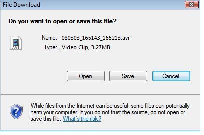 Selecting an AVI file will show a dialog for opening or saving the file.
