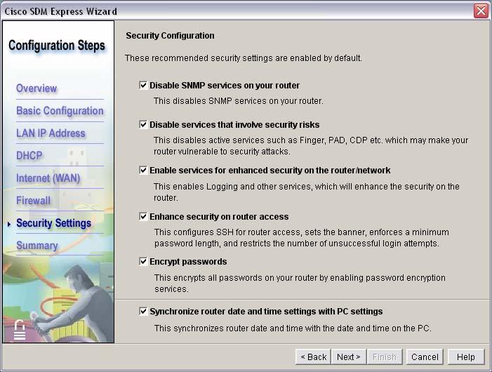b. Leave all the default security options checked in the Security Configuration window and then click Next.