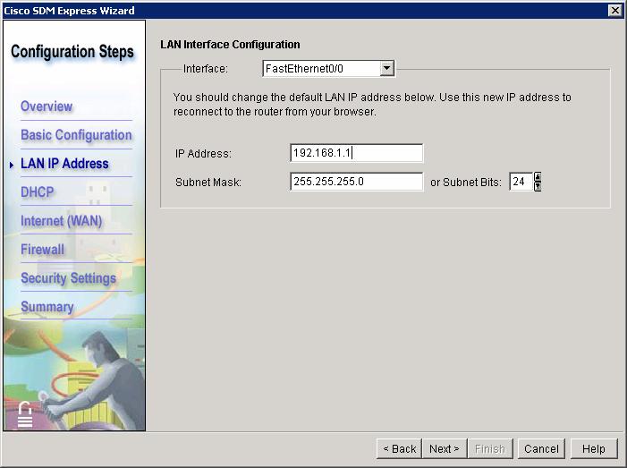Step 3: Configure the LAN IP address In the LAN Interface Configuration window, choose FastEthernet0/0 from the Interface list. For interface FastEthernet 0/0, enter the IP address of 19
